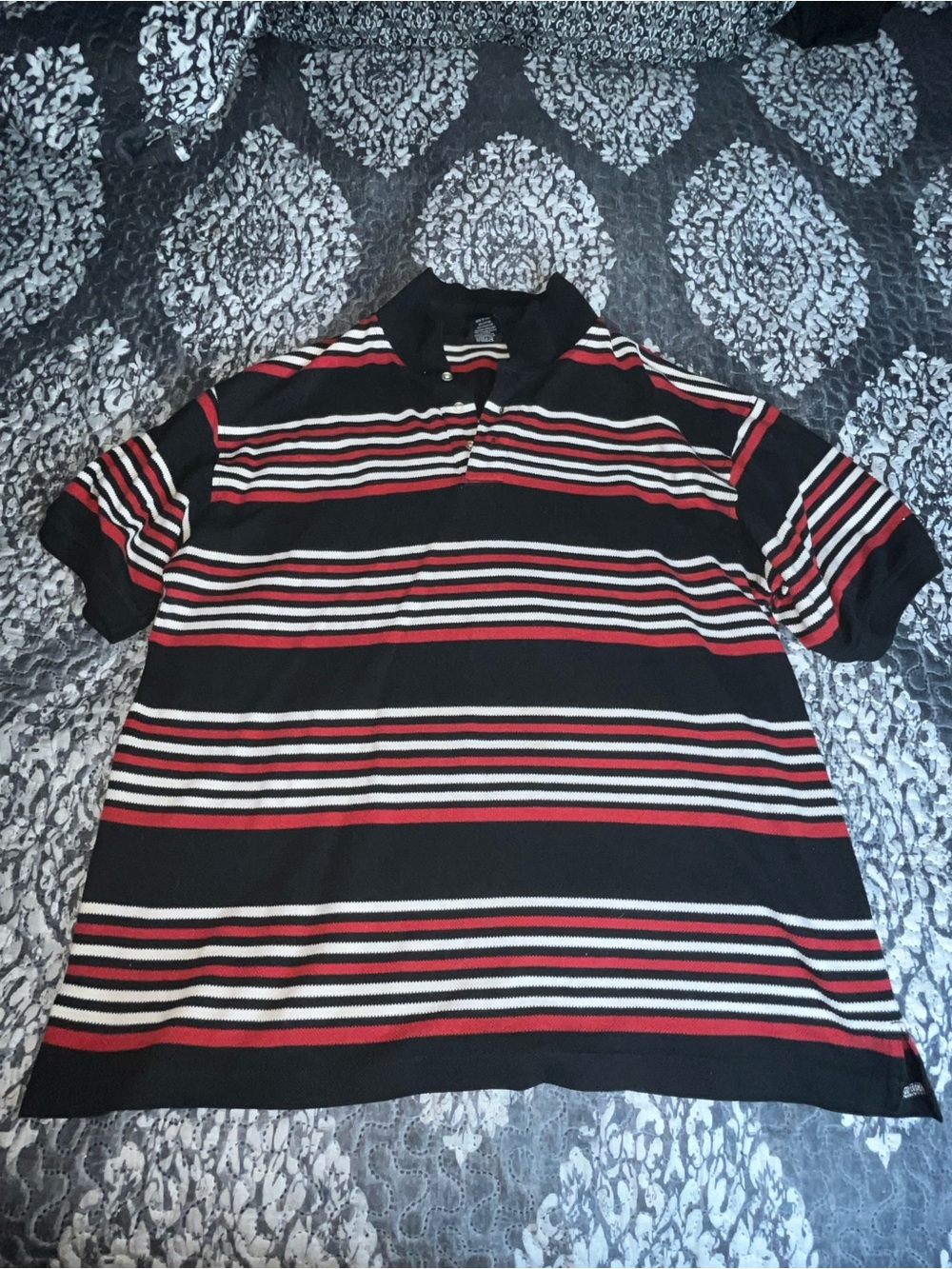 Men's Black Red and White Striped Polo Shirt